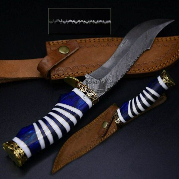 Blue Handmade Damascus Steel Hunting Bowie Knife