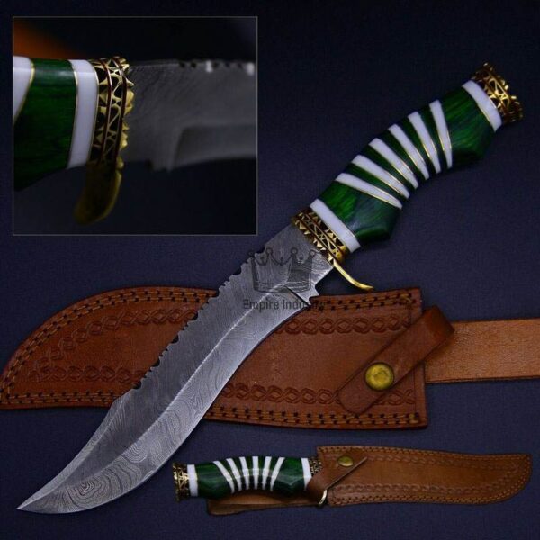 15” Green Handmade Damascus Steel Hunting Bowie Knife