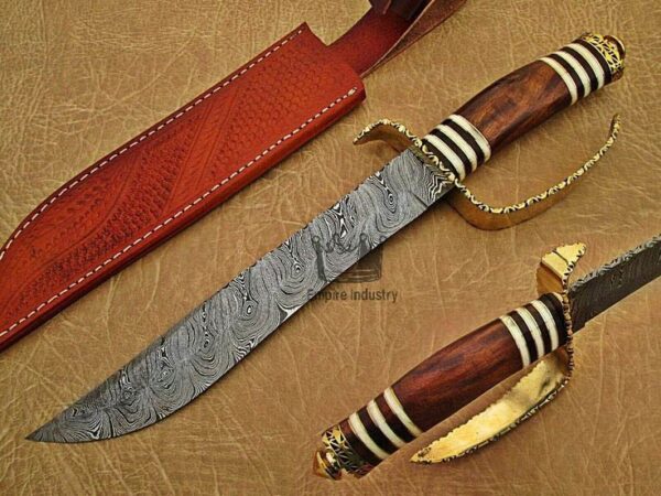 Damascus Steeel Hunting Bowie Knife, Fixed blade bowie knife, 18” long hunting knife with leather sheath, gift for him/her