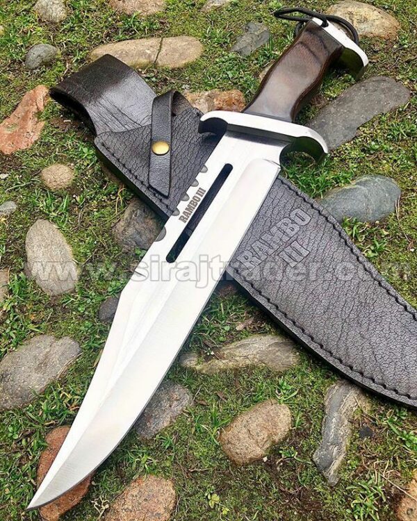 Custom Handmade D2 Steel Rambo Bowie Knife, Full Tang, Fixed Blade Hunting Knife, Bowie Knife with engraved Handle, Damascus Steel Hunting Knife, Gift for him