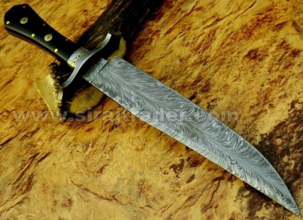 Handmade Fixed Blade Full Tang Damascus Steel Bowie Knife, Damascus Steel Bowie Knife with Mosaic Pin Handle, Damascus Kitchen knife, Durable Bowie knife with leather sheath - Image 3