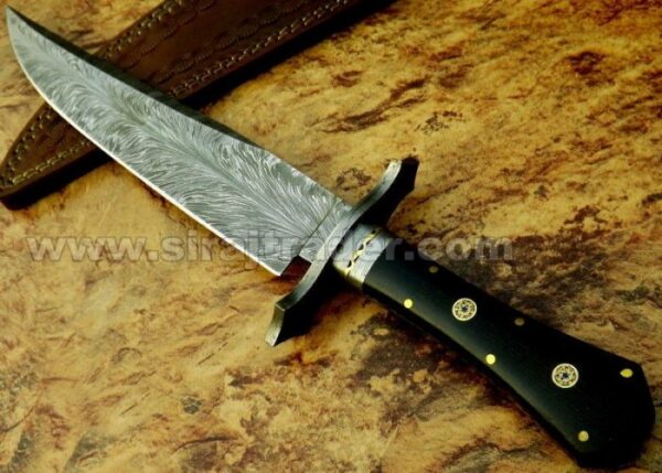 Handmade Fixed Blade Full Tang Damascus Steel Bowie Knife, Damascus Steel Bowie Knife with Mosaic Pin Handle, Damascus Kitchen knife, Durable Bowie knife with leather sheath - Image 4